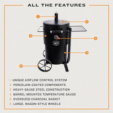 Char-Broil Oklahoma Joes Bronco Barrel Drum Smoker with Porcelain Coated Steel, Air Intake Channel, and 630 Square Inches Cooking Surface, Black
