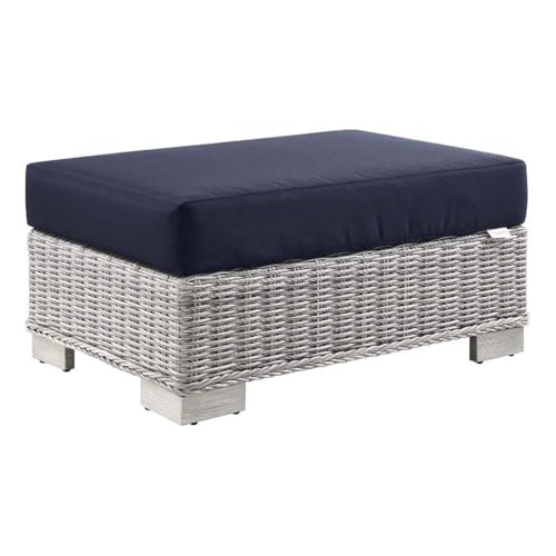 Modway Conway Outdoor Patio Wicker Rattan Ottoman in Light Gray Navy