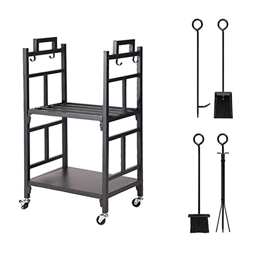 WXPWAMZ Firewood Rack Firewood Racks Firewood Storage With Wheels - Log Rack Stand With 4 Tools - Log Holder Set Includes Brush Shovel Poker And Tongs- 18 X 13 X 31 Inches