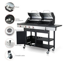 3-Burner Propane & Charcoal Hybrid BBQ Grill - 37230 BTU Stainless Steel Outdoor Grill with Side Burner, Enameled Cast Iron Grids, Lockable Casters & Built-In Thermometer