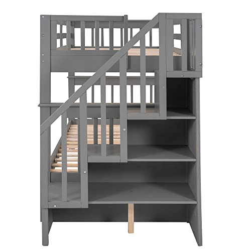 BIADNBZ Twin Over Twin Bunk Bed with Stairs and Storage Drawers Grey