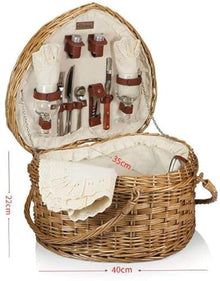 Heart-Shaped Wicker Picnic Basket with White Liner, Large Capacity Foldable Storage Basket, Double Handle, Includes Cutlery Set - Perfect for Picnics, BBQs, Camping, and Outdoor Activities