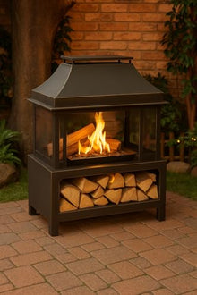 Deko Living Outdoor Wood Burning Fireplace with Wood Storage and Removable Fire Grill - 40 Inch Large Metal Wicker Base Fire Pit for Patio Garden Deck Backyard, Black