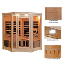 Heat Wave 3 Person Sauna Corner Fitting Infrared FIR FAR 7 Carbon Heaters Hemlock Wood MP3 Player 2 Speakers Color Therapy Light LED Control Panel Wood