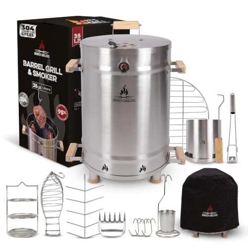 Smoked Grillers Barrel Smoker Grill Combo | 100% 304 Stainless Steel Barrel | 95% Less Smoke, Even Heat | Easy to Use & Clean – Vertical Smoker Ideal for Balconies and Backyards (LARGE-35 LBS)