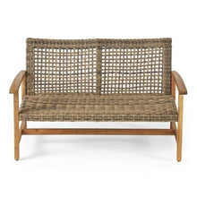 Noble House Breakwater 5-Piece Outdoor Wood and Wicker Loveseat Set Grey