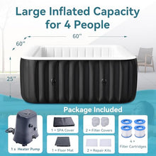 Glonerle 2-4 Person Inflatable Hot Tub, Large Square Portable Blow up Hot Tub, Leak-Proof PVC Outdoor Spa with 120 Air Jets, Insulated Cover and Heater Pump, 60” X 60” X 25”