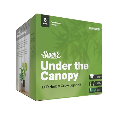 Miracle LED Smokephonics Under the Canopy Indoor Grow Light Kit - Double Plant Yield - Full Spectrum 150W Replacement Grow Bulbs & 2-Socket Corded Fixture with SproutMatic Timer (8-Pack)