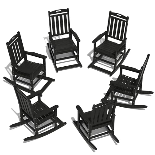 LOUNZY Outdoor Rocking Chair Set of 6 HDPE Patio Porch Rockers Black