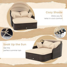 Moccha Outdoor Daybed with Retractable Canopy - PE Rattan Double Chaise Lounge w/ Soft Cushions, Pillows, Ottoman, Outside Sunbed, Wicker Loveseat Sofa, Sectional Conversation Set, Patio Furniture Set