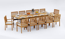 WholesaleTeak 12 Seats 13 Pcs Grade-A Teak Wood Dining Set: 118" Double Extension Mas Rectangle Trestle Leg Table and 12 Leveb Stacking Arm Chairs #11LV2512