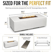 Golden Flame 55-Inch Rectangle Propane Fire Pit Table Bundle with Glass Wind Guard & Stainless Steel Burner Cover – Hidden Tank Outdoor Gas Fire Table, GFRC Concrete Fire Pit, 65,000 BTU - White