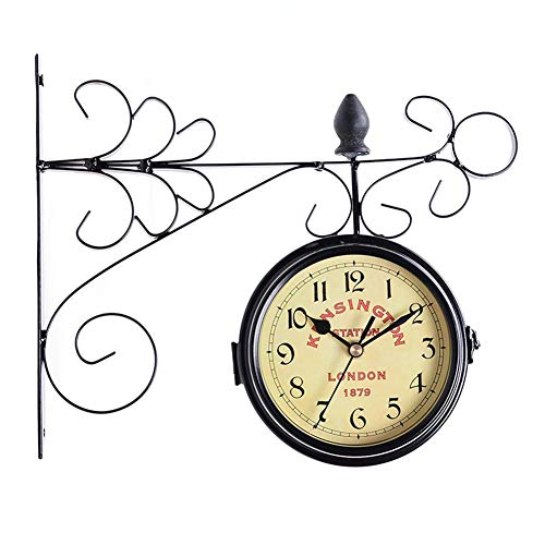 NUHSLF Train Station Clock Two Sided for Indoors/Outdoors Double Retro Quartz Watches Metal Iron Art Hanging Clocks Garden Corridor Decoration Easy to Hang