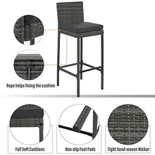 5-Piece Outdoor Wicker Bar Set with Acacia Wood Table and 4 Bar Height Chairs, Removable Cushions, Non-Slip Feet, Rope Secured Seating, Patio, Balcony, Garden, Poolside, Brown Wood Gray Wicker