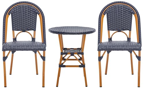 SAFAVIEH Outdoor - California 3 Piece Bistro Set - Navy Faux Wicker & Aluminum Frame - Coastal Design - Ideal for Patio, Deck, Sunroom, Dining Area (PAT9505B-KIT2)
