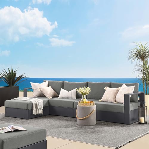 Modway Tahoe Modular Aluminum 3-Piece Outdoor Patio Furniture Gray Charcoal, Left-Facing Sectional Sofa Set with Weather-Resistant Cushions, Ideal for Deck, Backyard, Poolside