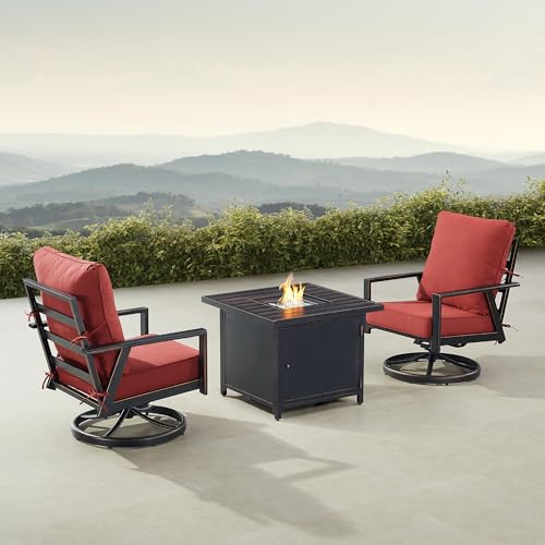 Oakland Living Black Aluminum Patio Fire Table Bistro Set with Two Club Chairs with Red Cushions