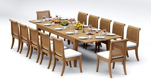 TeakStation 12 Seater Grade-A Teak Wood 13 Pc Dining Set: 122" Caranas Double Extension Rectangle Table and 12 Giva Armless Chairs #31GV2900