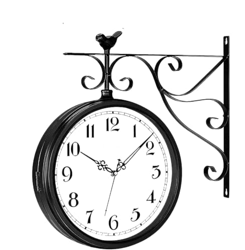 ntumLeap Double Sided Clock Outdoor Clock for Patio, Garage, Area Antique Thermometer Look Train Station Clock Black Two Sided Clock for Indoors/Outdoors