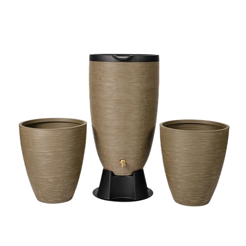 Newport 50‑Gallon Flat‑Back Rain Barrel with Stand & Planter Bundle – Sandstone | Removable Lid, UV-Stabilized Outdoor Water Storage