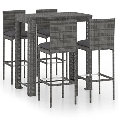 KUPTYERFG 5-Piece Outdoor Bar Set, Grey PE Rattan Wicker Patio Dining Furniture Set with 1 High Top Table and 4 Cushioned Stools for Garden, Backyard and Terrace