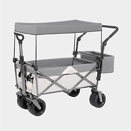 Collapsibles Wagon Folding Garden Cart W/Removable Canopy, Extra Large Portable Camping Beach Utilit Cart W/Adjustable Push Pull Handle (White)