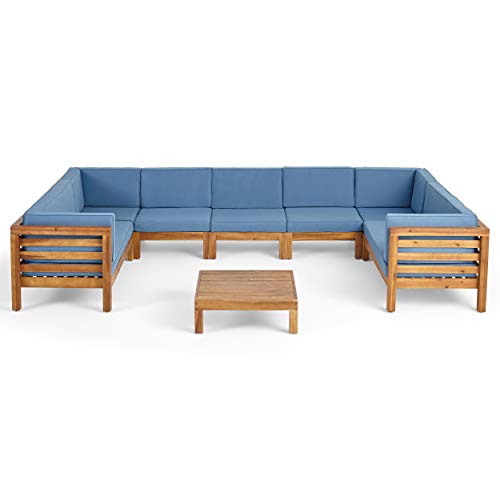 Great Deal Furniture GDFStudio Outdoor 9 Seater Acacia Wood Sectional Sofa Set, Teak Finish and Blue