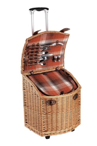 4-Person Wheeled Picnic Basket Set with Plaid Design, Handcrafted Wicker Picnic Basket with Wheels and Handle, Includes Plates, Glasses, Cutlery, and Napkins - Brown