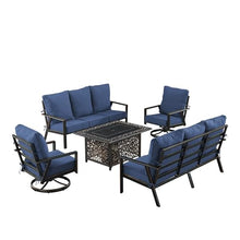 Oakland Living Black Aluminum Patio Fire Table Set with Two Deep Seating Sofa with Cushions and Two Club Chairs with Blue Cushions