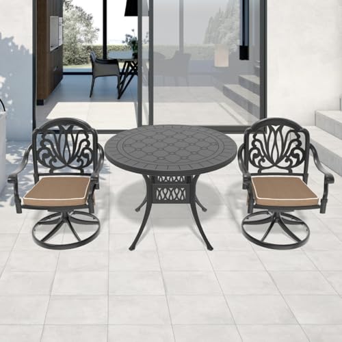 Hassyee All-Weather Bistro Set with Round Table for Balcony, Patio Furniture Set with Two Swivel Chairs and Water Resistant Cushions for Dining Room, Lawn, Poolside, Garden (Black 6)