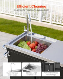 VEVOR Outdoor Grill Cart with Sink and Storage Cabinet, 38 Inch Grill Table, Waterproof Kitchen Island with Stainless Steel Top, Spice Rack, Wheel, Movable Food Prep Station for Patio Bar Backyard BBQ