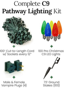 Pro Christmas Outdoor C9 Pathway Light Kit, Red/White/Blue, 100 Bulbs, 100'