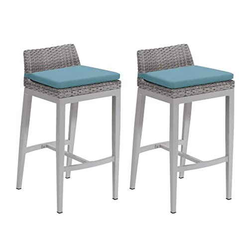 Oxford Garden Argento Bar Stool - Resin Wicker with Grade AA Cushion - Ice Blue - Powder Coat Flint - 2 Pack