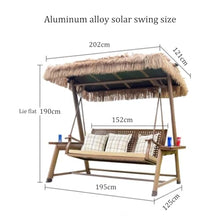 3-Seat Patio Swing Chair with Solar LED Light,Patio Porch Swing Chair with Canopy, UV-Proof,Waterproof, Fireproof,PE Thatch,Aluminum Alloy Frame for Garden Poolside