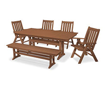 Polywood Vineyard 6-Piece Farmhouse Folding Dining Set with Bench, Teak - HDPE Composite Outdoor Patio Furniture for Deck, Garden & Backyard