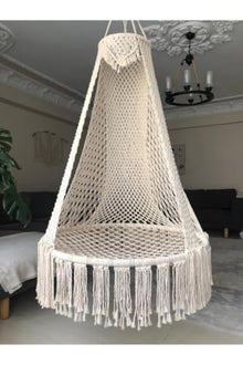 Large Macrame Hammock Swing Chair, Handmade Cotton Rope, 39.4 in Seat, 330.8 lb Capacity, Modern Style, Includes Ceiling Mounts - Ecru