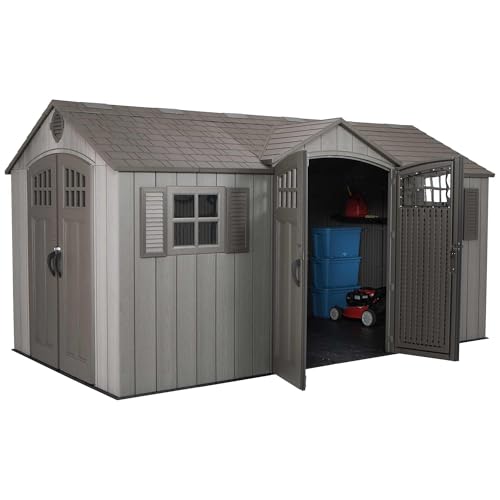Lifetime 15 ft x 8 ft Outdoor Storage Shed, Dual Entry, Gray, Resin Backyard Tool Shed with Lockable Doors and Weather-Resistant Panels