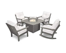 Polywood® Vineyard 5-Piece Deep Seating Rocking Chair Conversation Set with Fire Pit Table (Slate Grey/Natural)