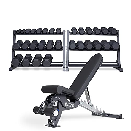REP Rubber Hex Dumbbell Set 5-75 lbs with Adjustable Bench AB-3000