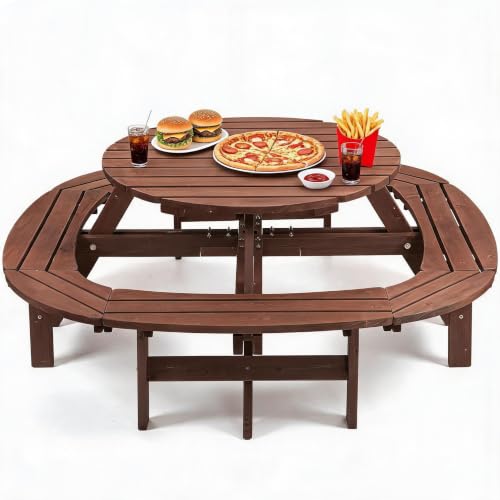 Festisoul Round Solid Fir Wood Picnic Dining Table for 10-12 People, Brown, 4 Built-in Curved Benches, 2" Umbrella Hole, 2,220-Lb Capacity for Patio, Garden & Backyard