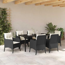 FUDUGEHMIOFWFJJ Modern 7-Piece Outdoor Dining Set with Cushions, Black Poly Rattan Patio Furniture Set for Garden Backyard Terrace, All-Weather Table and 6 Chairs for Entertaining