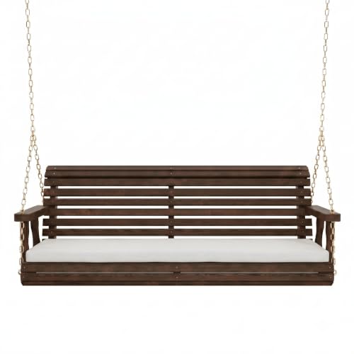Amish Casual Heavy Duty Wooden Roll Back Porch Swing with White Bench Cushion, Outdoor Hanging Chair Bench for Patio, Backyard, Garden & Yard (Dark Walnut Stain, 4-Foot)
