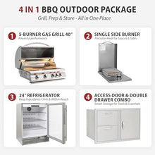 BLAZE BBQ Outdoor Package of 32” LTE Built-in Gas Grill, LTE Built-In Double Side Burner, 32” Door & Two Drawers Combo, 20” Refrigerator and Accessories (Grill Cover, Fridge Trim, and Rotisserie Kit)