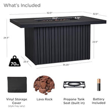 Real Flame Calvin 52in Rectangle Propane Fire Pit Table, 50,000 BTU, Hidden Tank Storage, Aluminum, Push-Button Ignition, Lava Rock, Storage Cover, Stainless Steel Burner with Lid - Black Coral