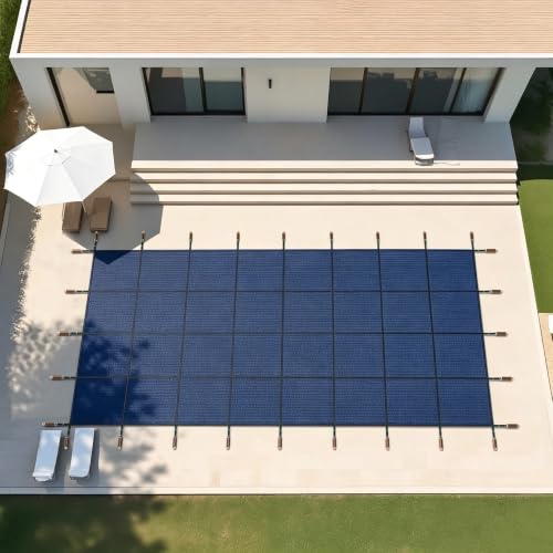 Inground Pool Safety Cover, Fit 28ftx48ft Rectangular Pool, Blue High‑Strength PP Mesh with Double‑Layer Straps Triple Stitching, Includes Installation Tools