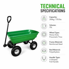 Garden Dump Cart 75l 350kg Heavy Duty Garden Cart Wagon, 4 Wheel Wheelbarrow with Pneumatic Tires, Utility Yard Dump Wagon for Lawn Garden Farm Use