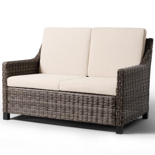 Varmoza Outdoor Wicker Patio Loveseat, 2-Seat Sofa with Deep Seating