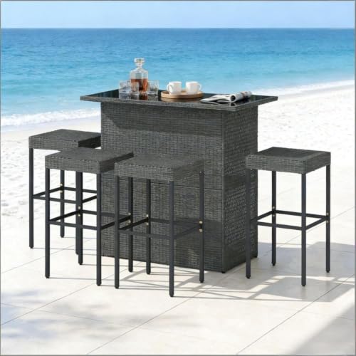 Hassyee 5 Pieces Outdoor Wicker Bar Set with Tempered Glass Tabletop and Strong Construction for Poolside, Garden, Patio Furniture Set with Two Tier Shelves for Balcony (Dark Gray)