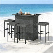 Hassyee 5 Pieces Outdoor Wicker Bar Set with Tempered Glass Tabletop and Strong Construction for Poolside, Garden, Patio Furniture Set with Two Tier Shelves for Balcony (Dark Gray)
