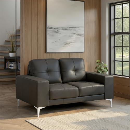 Armen Living Faelin Modern 58 in. Top Grain Genuine Leather Loveseat in Cola with Tufted Back